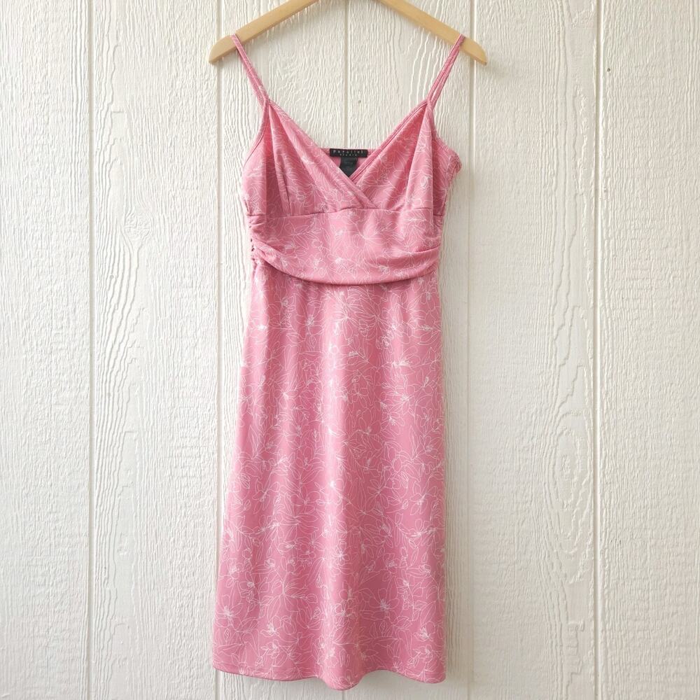 Vtg Y2K Midi Dress S Pink Ruched Stretch Floral Babydoll Coquette Layer Romantic